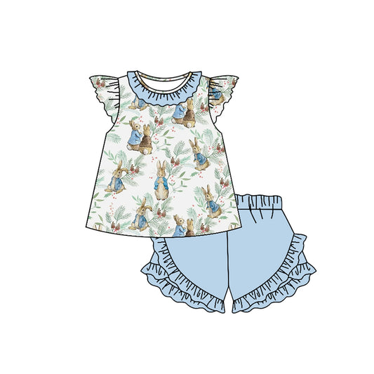 (Pre-order)GSSO1637 Bunny Tunic Top Blue Shorts Girls Easter Clothes Set