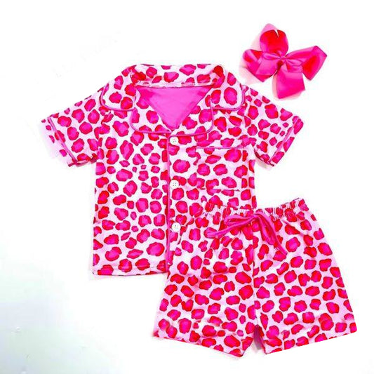 (Pre-order)GSSO1638 Hotpink Leopard Print Girls Valentine's Day Buttons Clothes Set