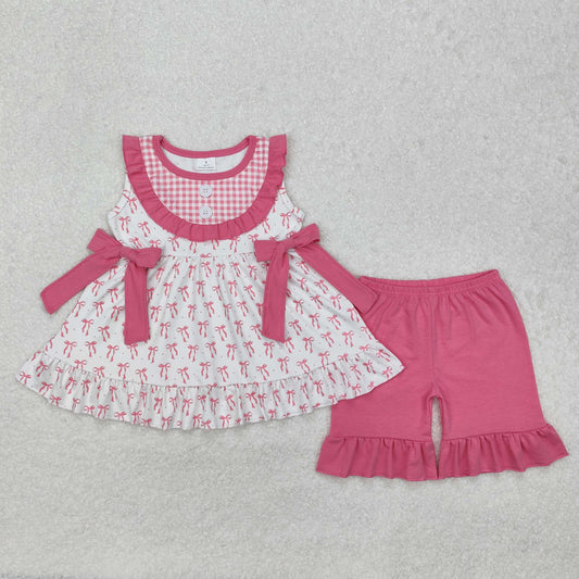 GSSO1639 Bows Tunic Top Pink Shorts Girls Summer Clothes Set