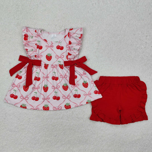 GSSO1640 Strawberry Cherry Bows Tunic Top Red Shorts Girls Summer Clothes Set