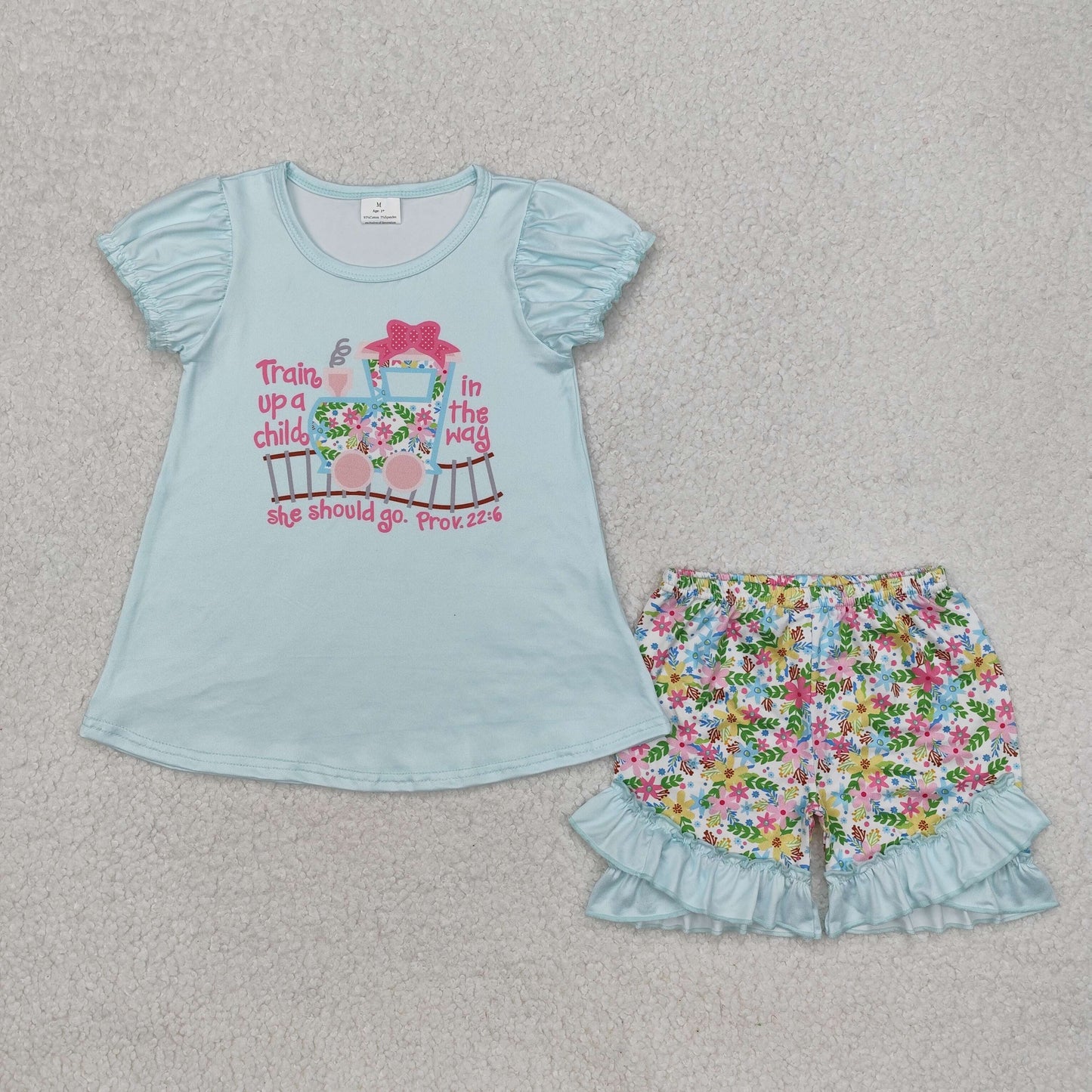 GSSO1643 Train Blue Top Flowers Shorts Girls Summer Clothes Set