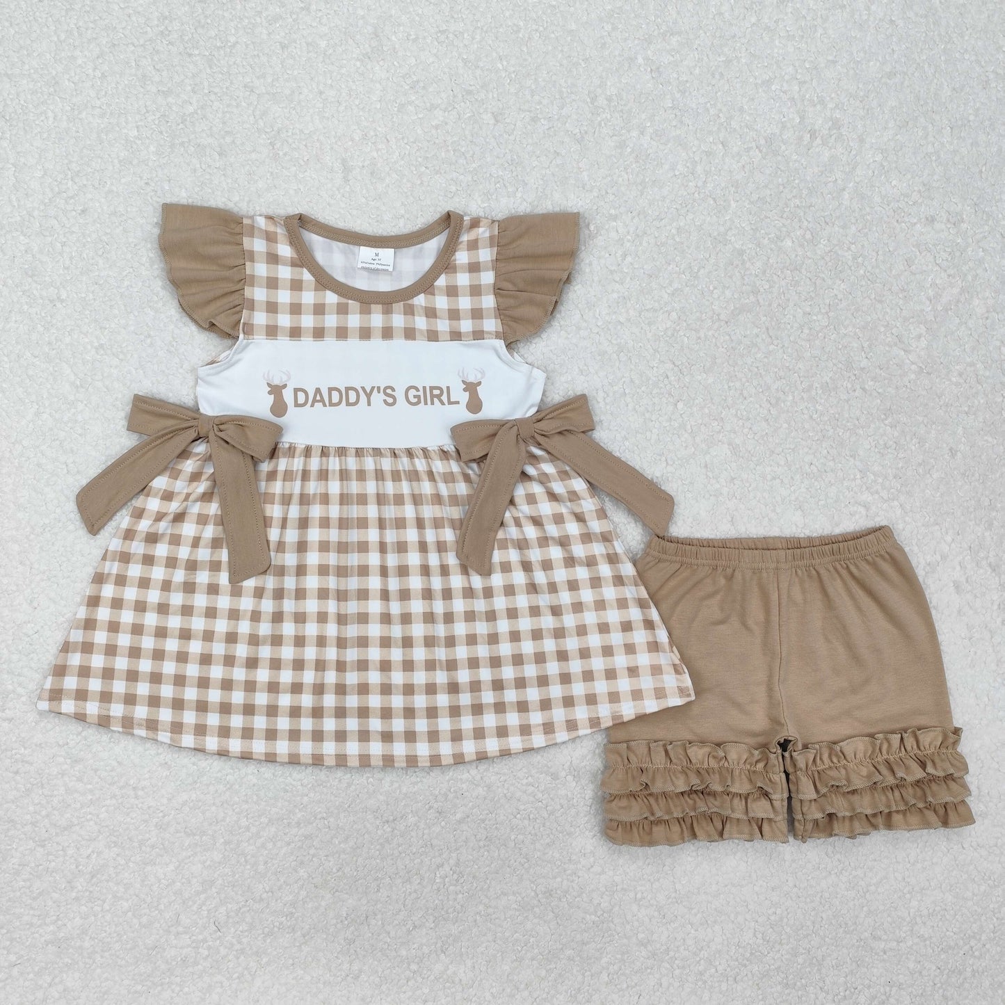 GSSO1644 Daddy's Girl Deer Plaid Tunic Top Ruffle Shorts Girls Summer Clothes Set