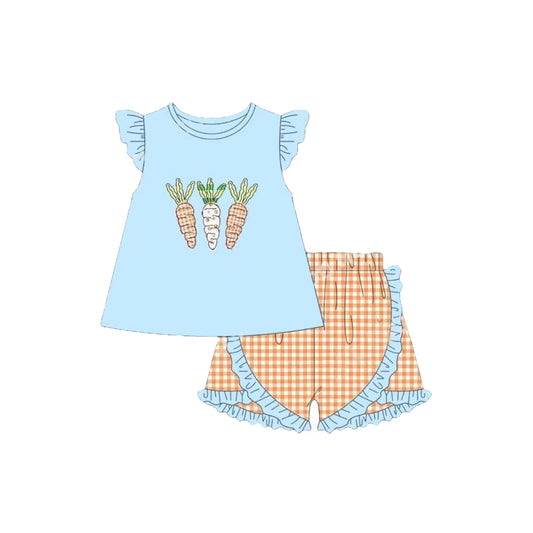 (Pre-order)GSSO1647 Carrot Blue Top Plaid Shorts Girls Easter Clothes Set