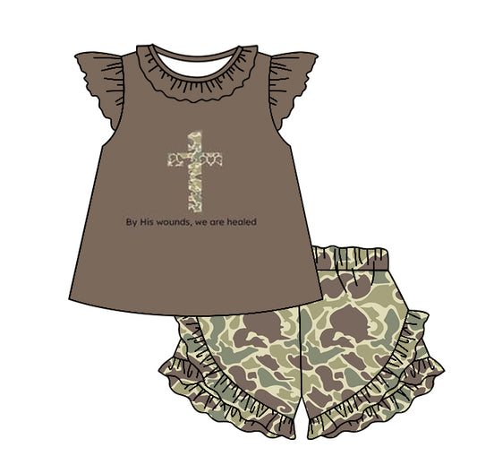 (Pre-order)GSSO1650 Cross Top Camo Shorts Girls Easter Clothes Set