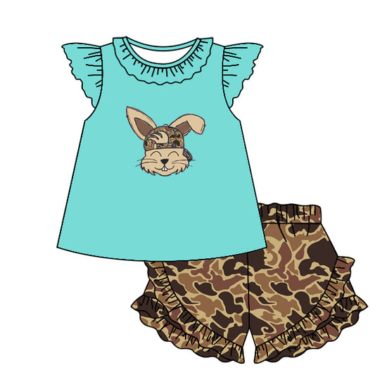 (Pre-order)GSSO1651 Bunny Top Camo Shorts Girls Easter Clothes Set