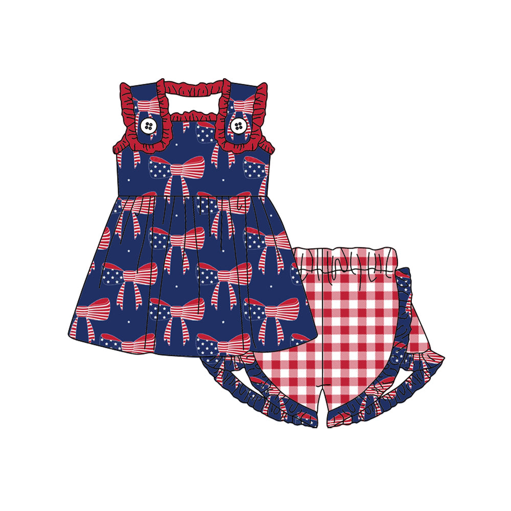 (Pre-order)GSSO1663  Bows Stars Tunic Top Plaid Shorts Girls 4th of July Clothes Set