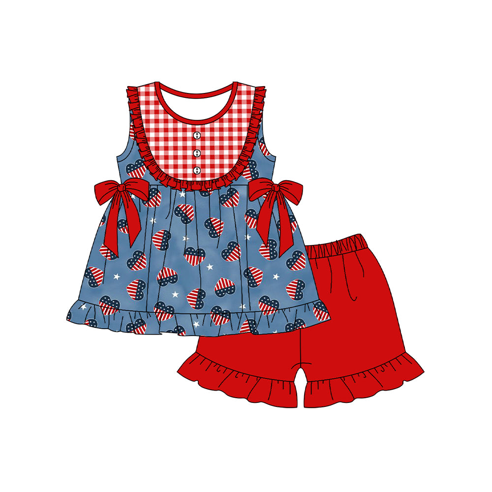(Pre-order)GSSO1664  Heart Stars Tunic Top Red Shorts Girls 4th of July Clothes Set