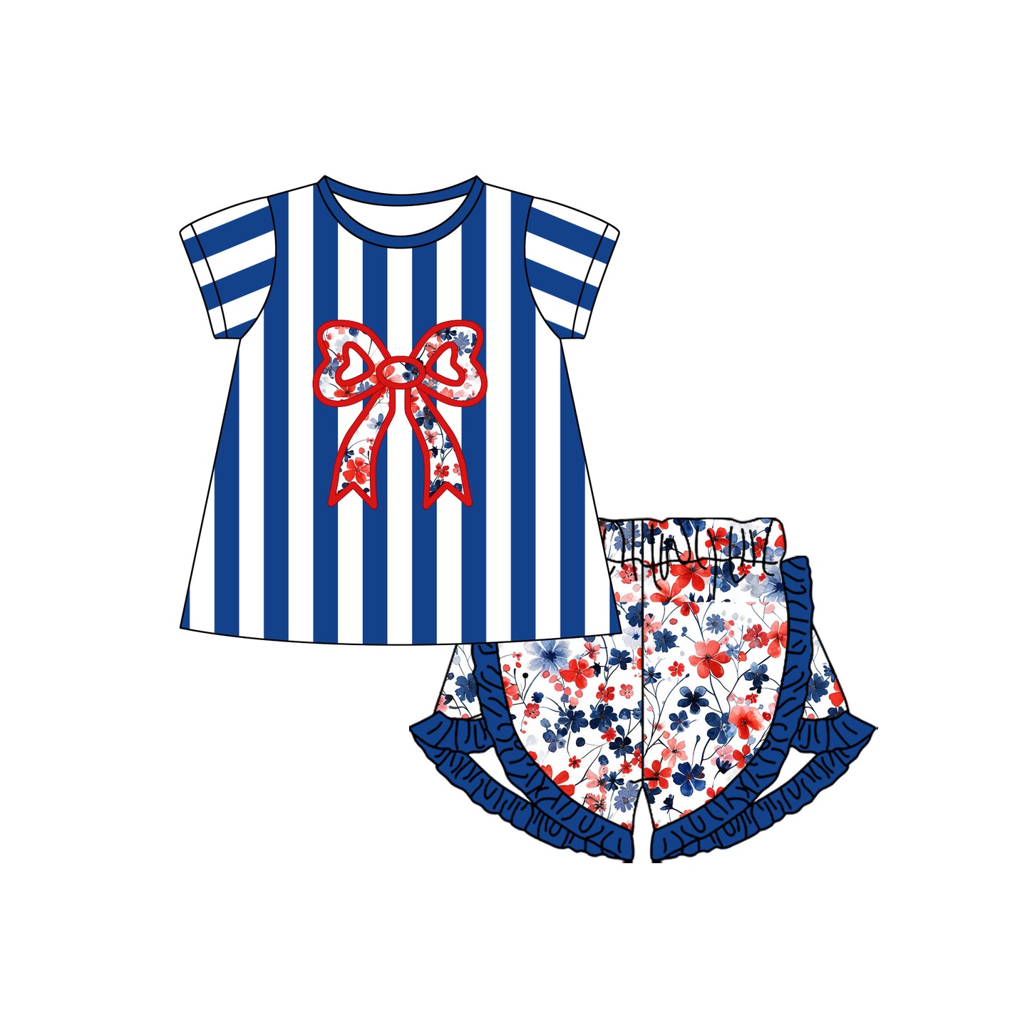 (Pre-order)GSSO1669 Bow Blue Stripes Top Flowers Shorts Girls Summer Clothes Set