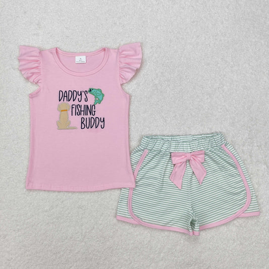 GSSO1673 DADDY'S FISHING BUDDY Embroidery Pink Top Stripes Shorts Girls Summer Clothes Set