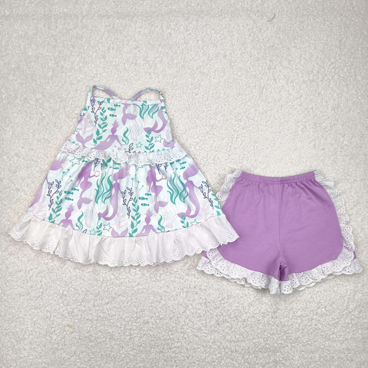 GSSO1675 Mermaid Tunic Top Purple Shorts Girls Summer Clothes Set