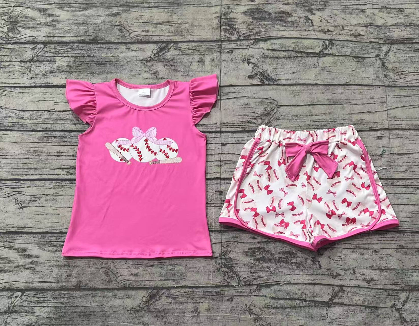 (Pre-order)GSSO1685 Baseball Hotpink Top Shorts Girls Summer Clothes Set