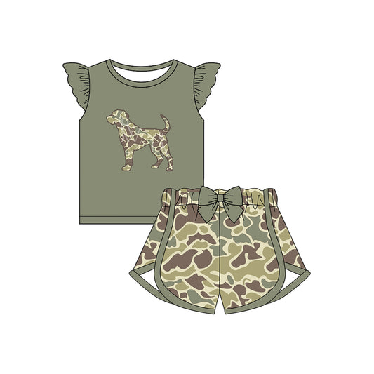 (Pre-order)GSSO1694  Dog Top Camo Shorts Girls Summer Clothes Set