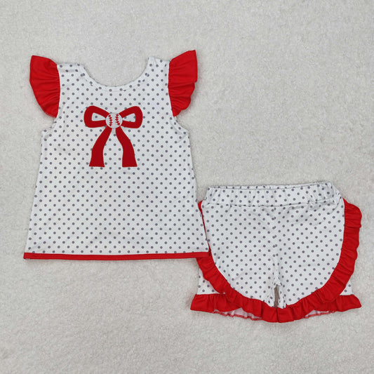 GSSO1698 Bow Baseball Embroidery Top Ruffle Shorts Girls Summer Clothes Set