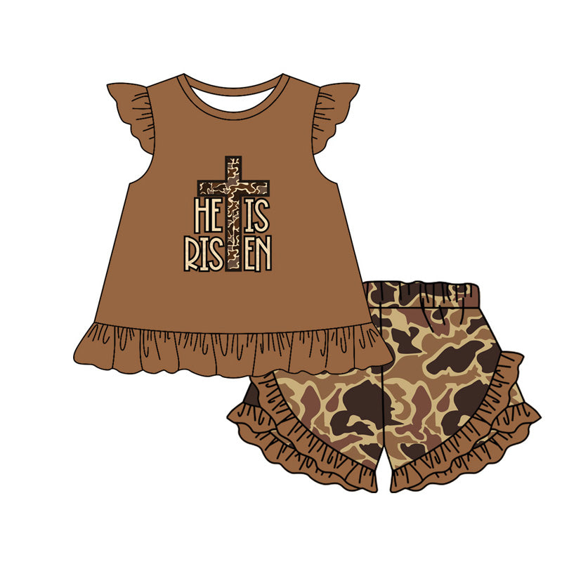 (Pre-order)GSSO1699 HE IS RISEN Brown Top Camo Shorts Girls Easter Clothes Set