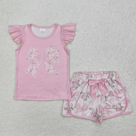 GSSO1702 Bow Pink Top Flowers Shorts Girls Summer Clothes Set