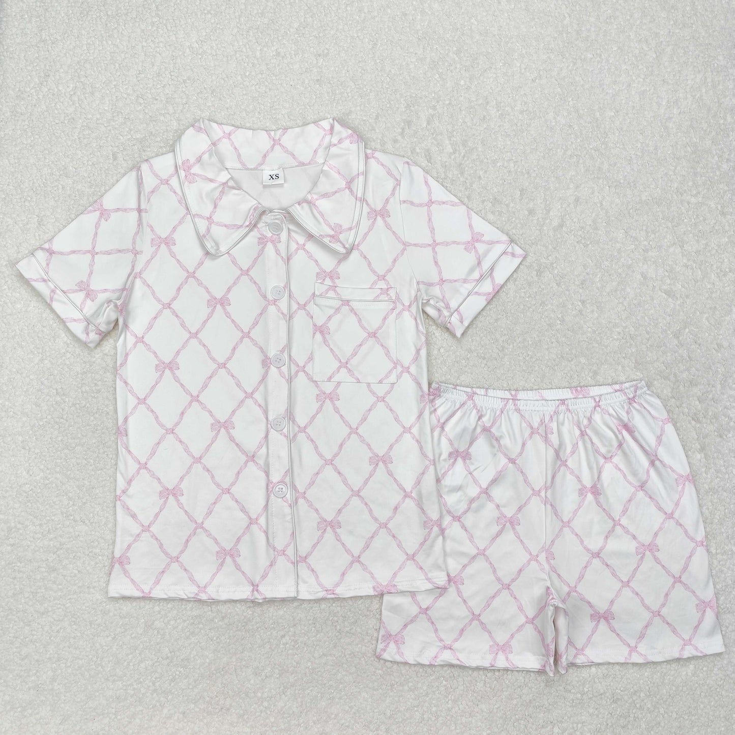 GSSO1708 Adult Pink Bows Print Summer Buttons Pajamas Clothes Set