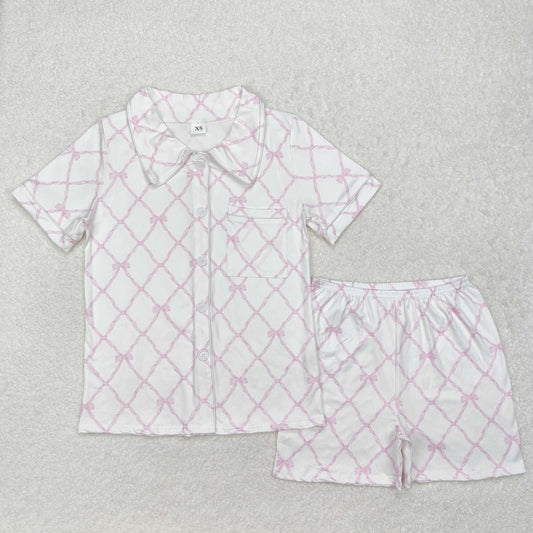 GSSO1708 Adult Pink Bows Print Summer Buttons Pajamas Clothes Set