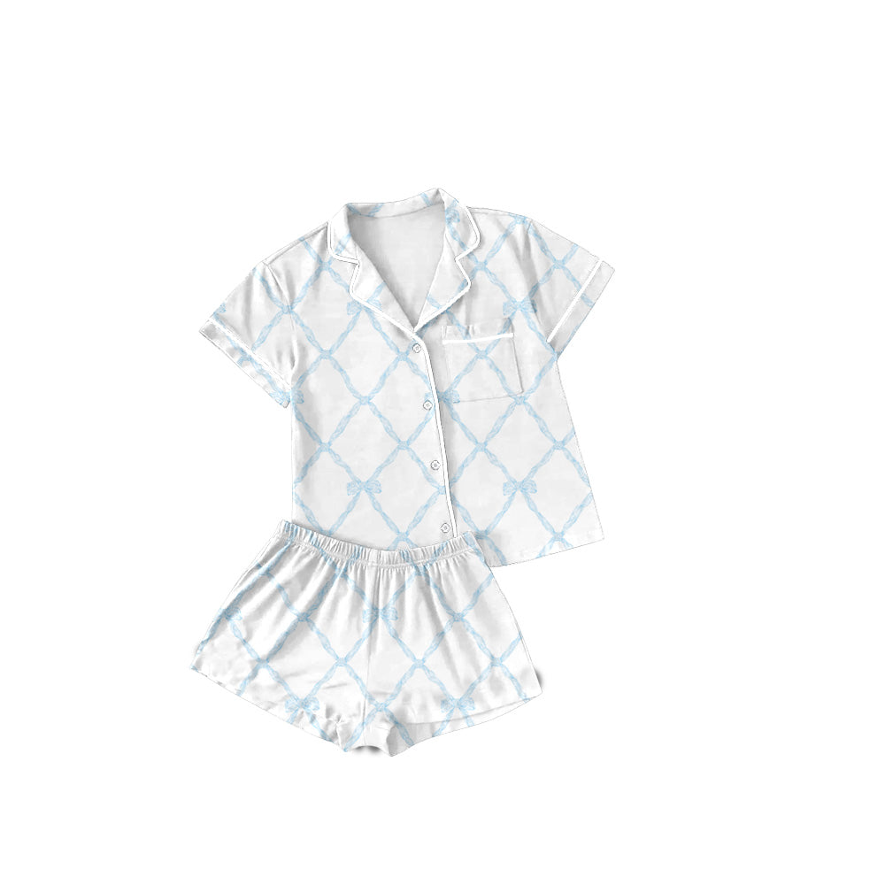(Pre-order)GSSO1709 Adult Blue Bow Print Summer Buttons Pajamas Clothes Set