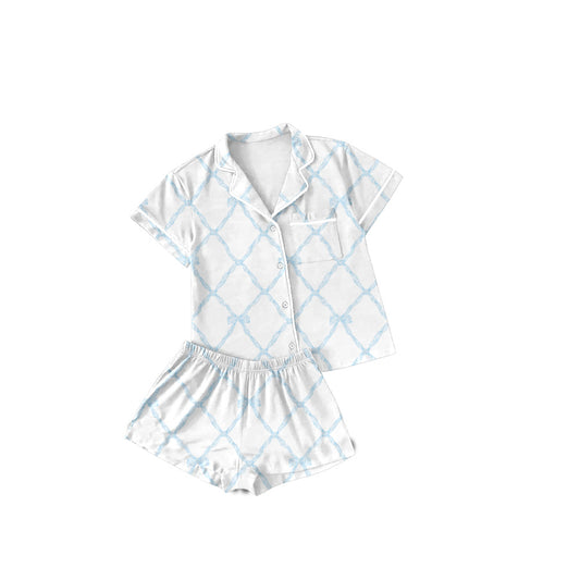 (Pre-order)GSSO1709 Adult Blue Bow Print Summer Buttons Pajamas Clothes Set