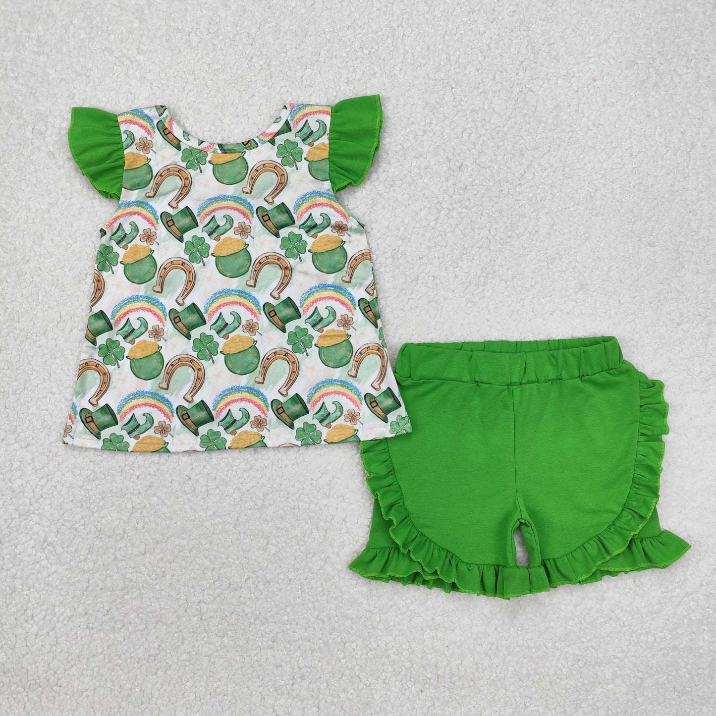 GSSO1713 Gold Leaf Hat Boots Rainbow Top Green Shorts Girls St. Patrick's Day Clothes Set