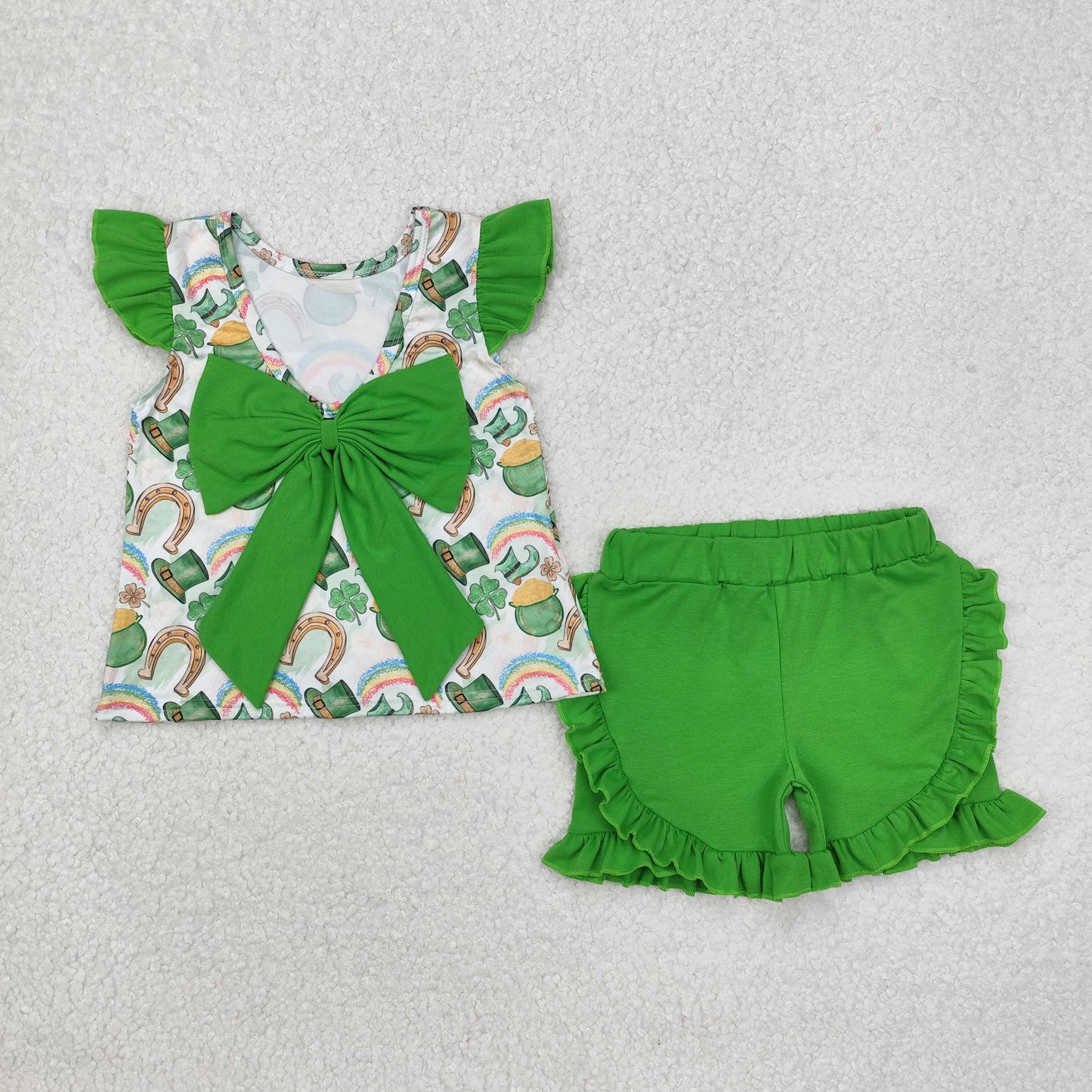 GSSO1713 Gold Leaf Hat Boots Rainbow Top Green Shorts Girls St. Patrick's Day Clothes Set