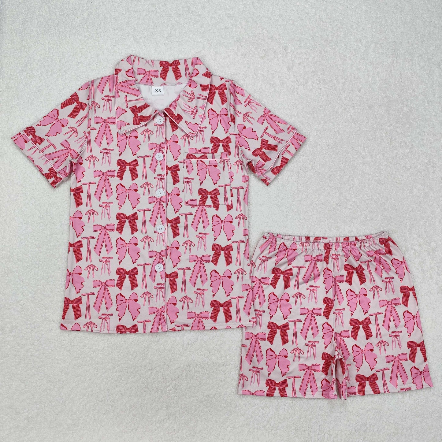 GSSO1717 Adult Pink Bows Print Summer Buttons Pajamas Clothes Set