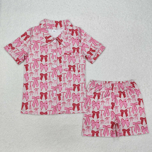 GSSO1717 Adult Pink Bows Print Summer Buttons Pajamas Clothes Set