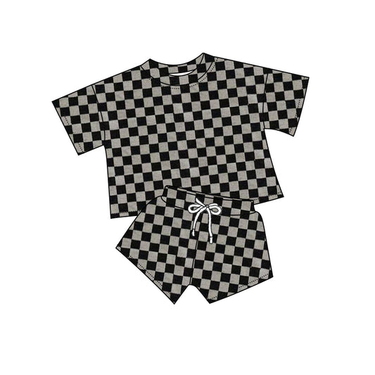 (Pre-order)GSSO1720 Black Grey Plaid Print Girls Summer Clothes Set