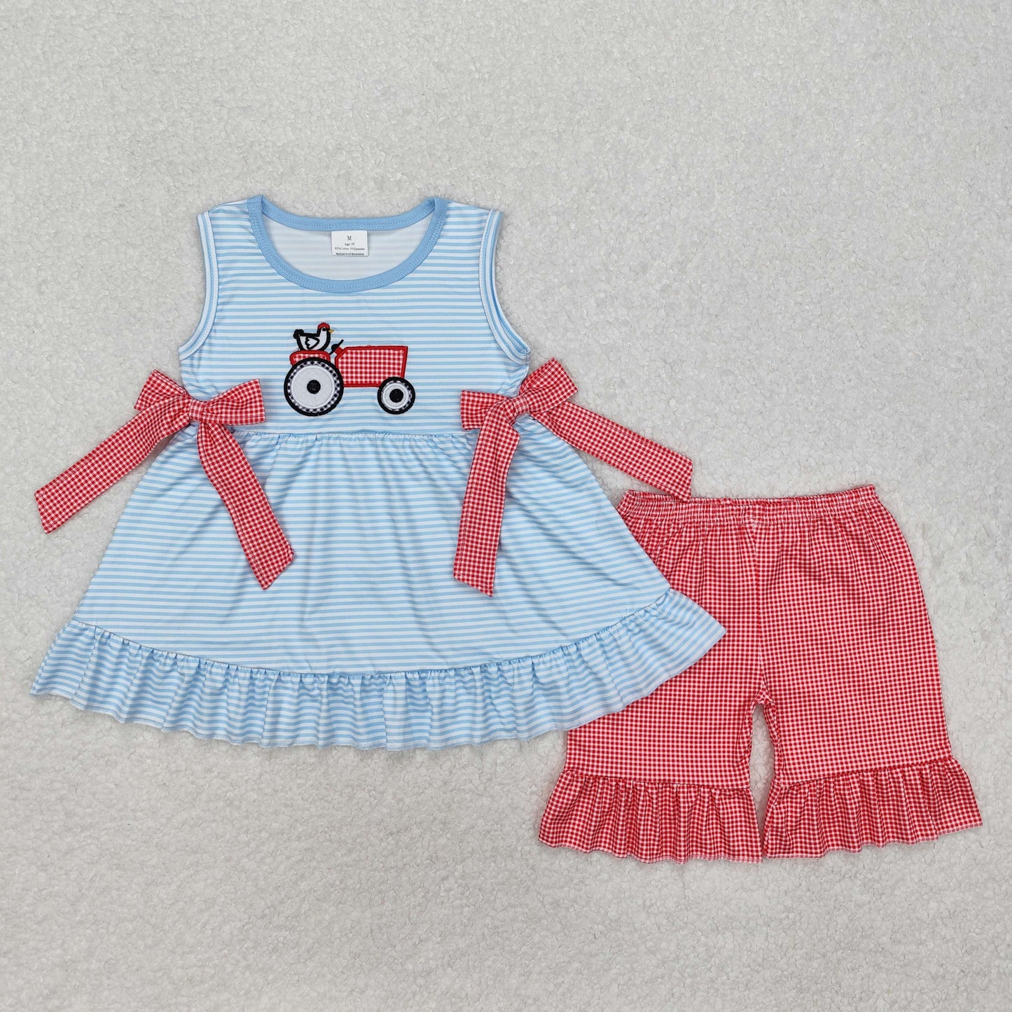 GSSO1728 Tractors Embroidery Blue Stripes Tunic Top Plaid Shorts Girls Summer Clothes Set