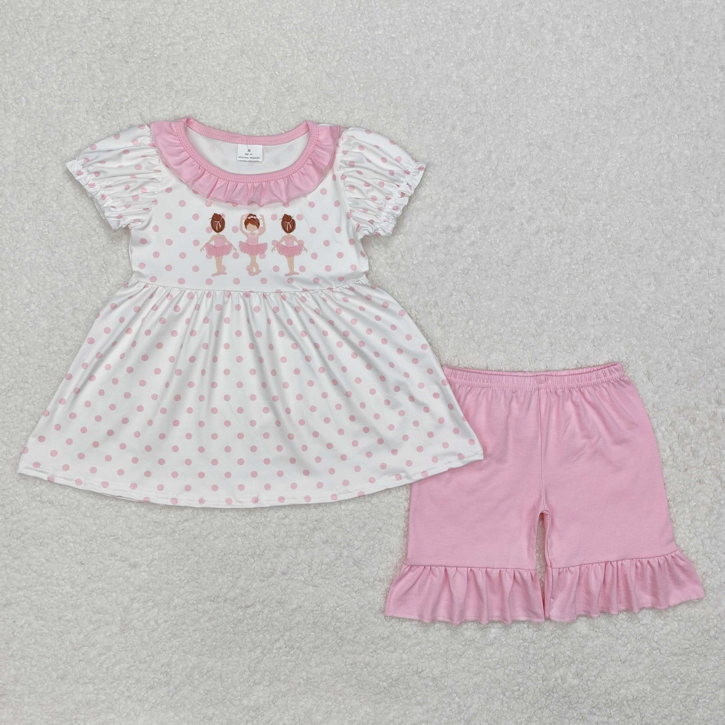 GSSO1732 Dancing Girl Pink Dots Tunic Top Pink Shorts Girls Summer Clothes Set