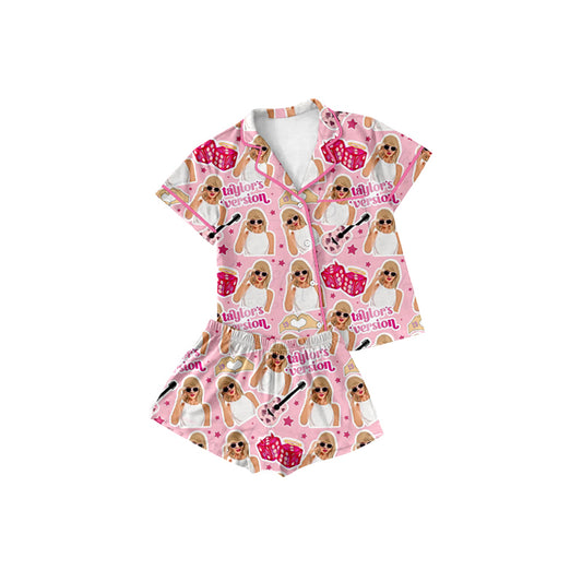 (Pre-order)GSSO1739 Singer Swiftie Pink Print Girls Summer Buttons Pajamas Clothes Set