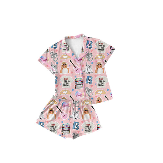 (Pre-order)GSSO1740 Singer Swiftie Heart Print Girls Summer Buttons Pajamas Clothes Set