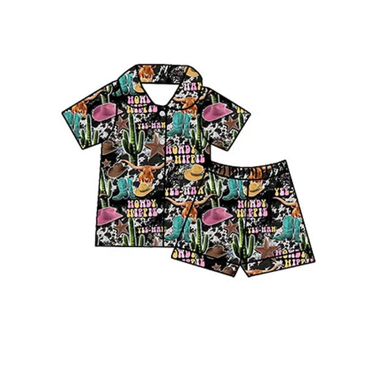 (Pre-order)GSSO1744 Howdy Cactus Print Shorts Girls Western Summer Buttons Pajamas Clothes Set
