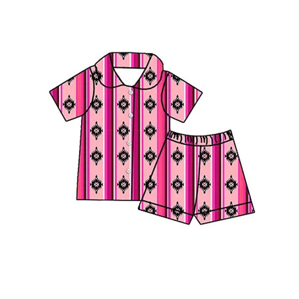 (Pre-order)GSSO1746 Aztec Pink Stripes Print Shorts Girls Western Summer Buttons Pajamas Clothes Set