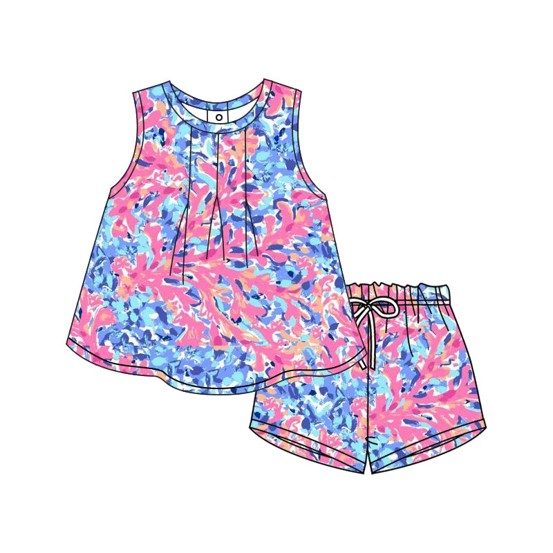 (Pre-order)GSSO1747 Blue Seaweed Flowers Sleeveless Top Shorts Girls Summer Clothes Set