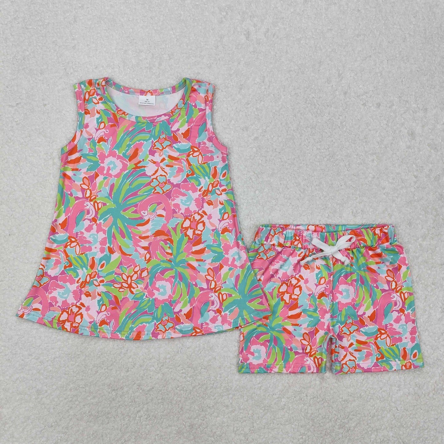 GSSO1749 Flamingo Flowers Sleeveless Top Shorts Girls Summer Clothes Set