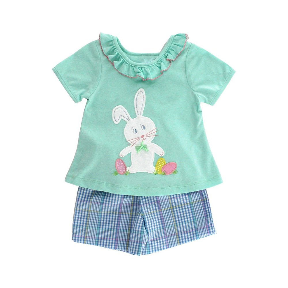(Pre-order)GSSO1756 Bunny Top Plaid Shorts Girls Easter Clothes Set