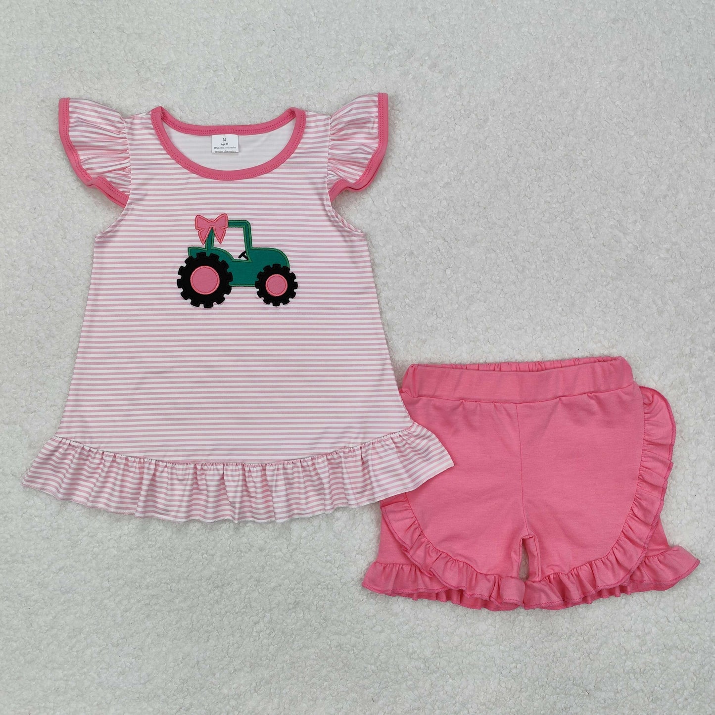 GSSO1757 Tractors Embroidery Stripes Top Pink Shorts Girls Summer Clothes Set