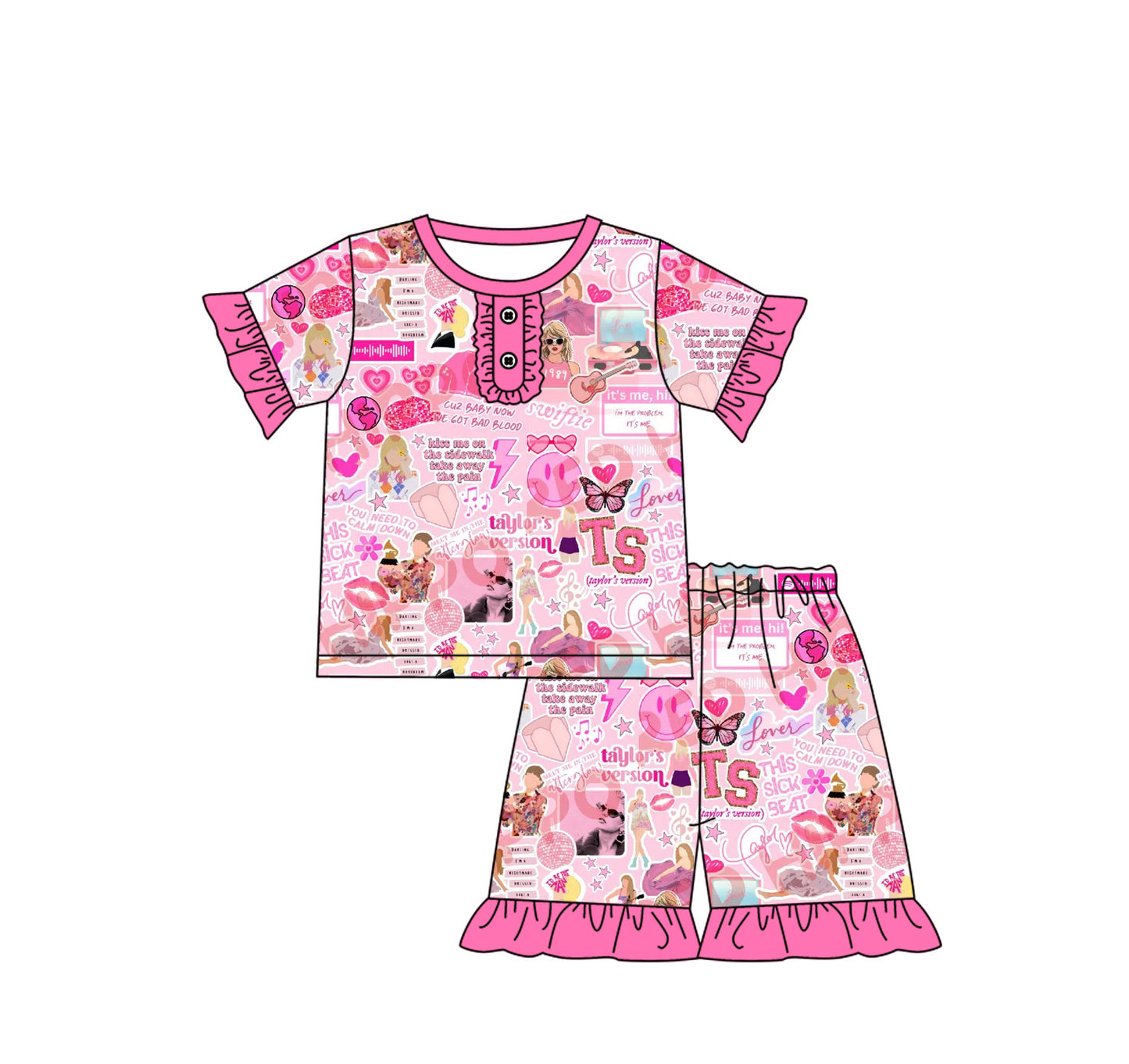 (Pre-order)GSSO1764 Singer Swiftie Pink Shorts Girls Summer Pajamas Clothes Set