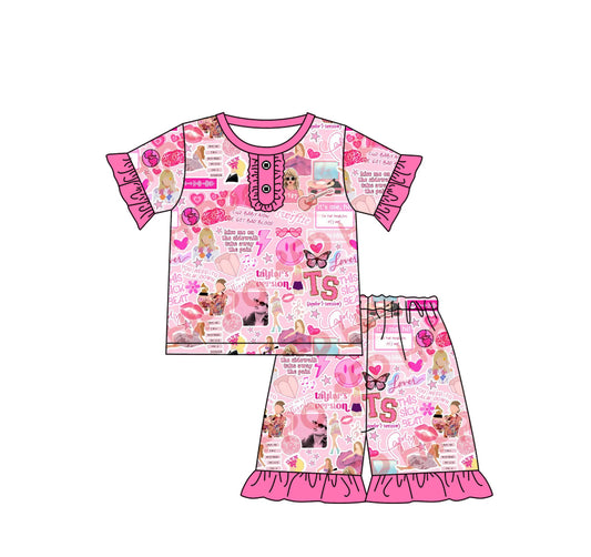 (Pre-order)GSSO1764 Singer Swiftie Pink Shorts Girls Summer Pajamas Clothes Set