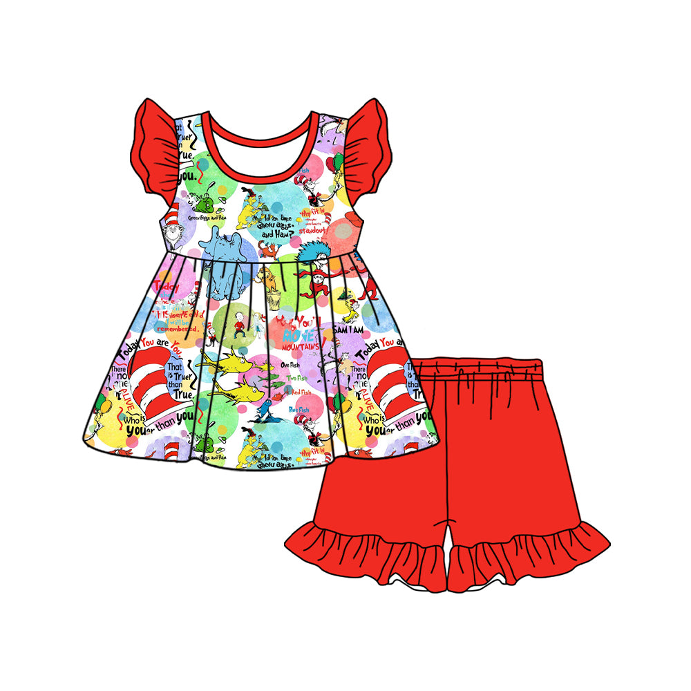 (Pre-order)GSSO1767 Dr.Reading Colorful Tunic Top Red Shorts Girls Summer Clothes Set