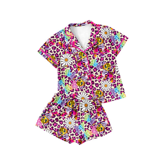 (Pre-order)GSSO1771 Lisa Flowers Leopard Print Girls Summer Buttons Pajamas Clothes Set