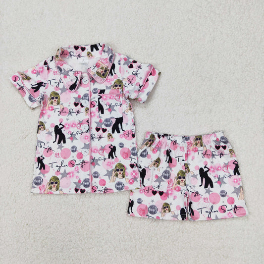 GSSO1772 Singer Swiftie Pink Print Girls Summer Buttons Pajamas Clothes Set