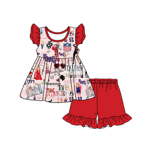(Pre-order)GSSO1774 Singer Swiftie Tunic Top Red Shorts Girls Summer Clothes Set