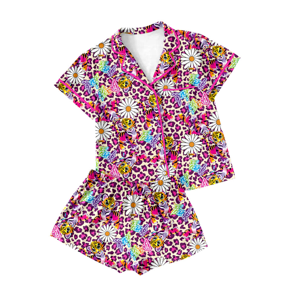(Pre-order)GSSO1776 Adult Lisa Flowers Leopard Print Woman Summer Buttons Pajamas Clothes Set