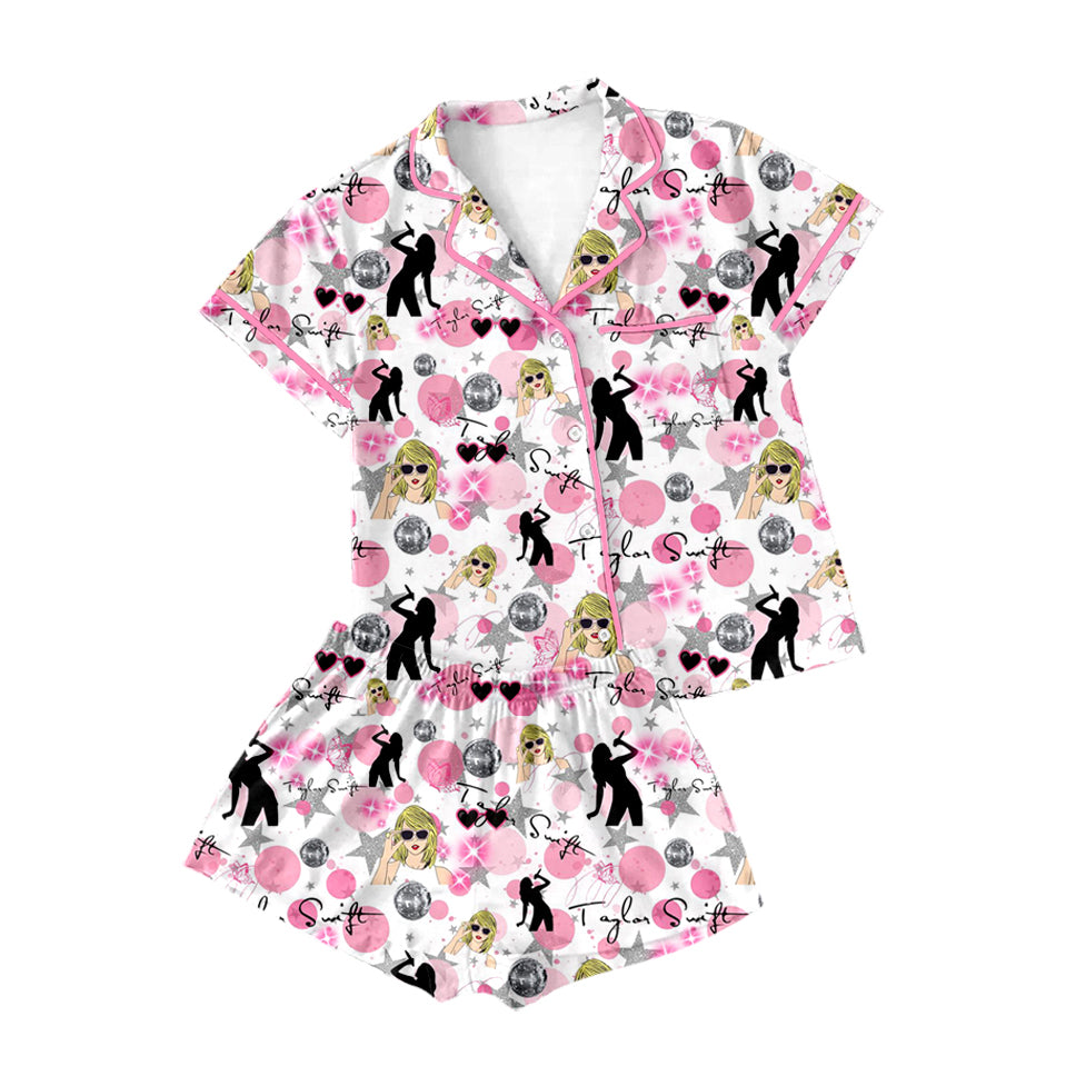 (Pre-order)GSSO1777 Adult Singer Swiftie Pink Print Woman Summer Buttons Pajamas Clothes Set