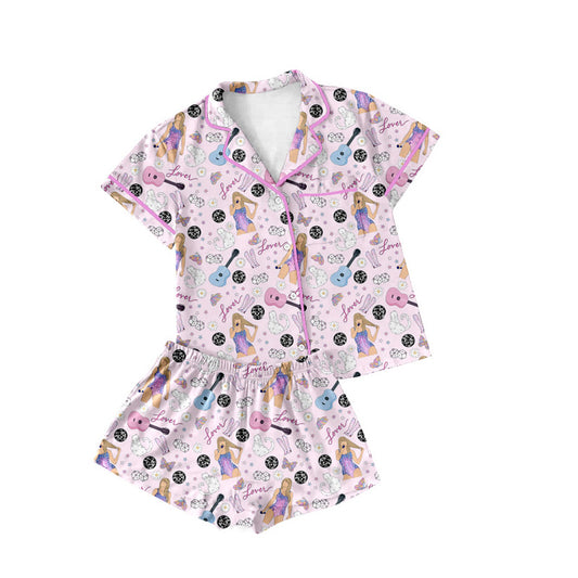 (Pre-order)GSSO1778 Adult Singer Swiftie Flowers Print Woman Summer Buttons Pajamas Clothes Set
