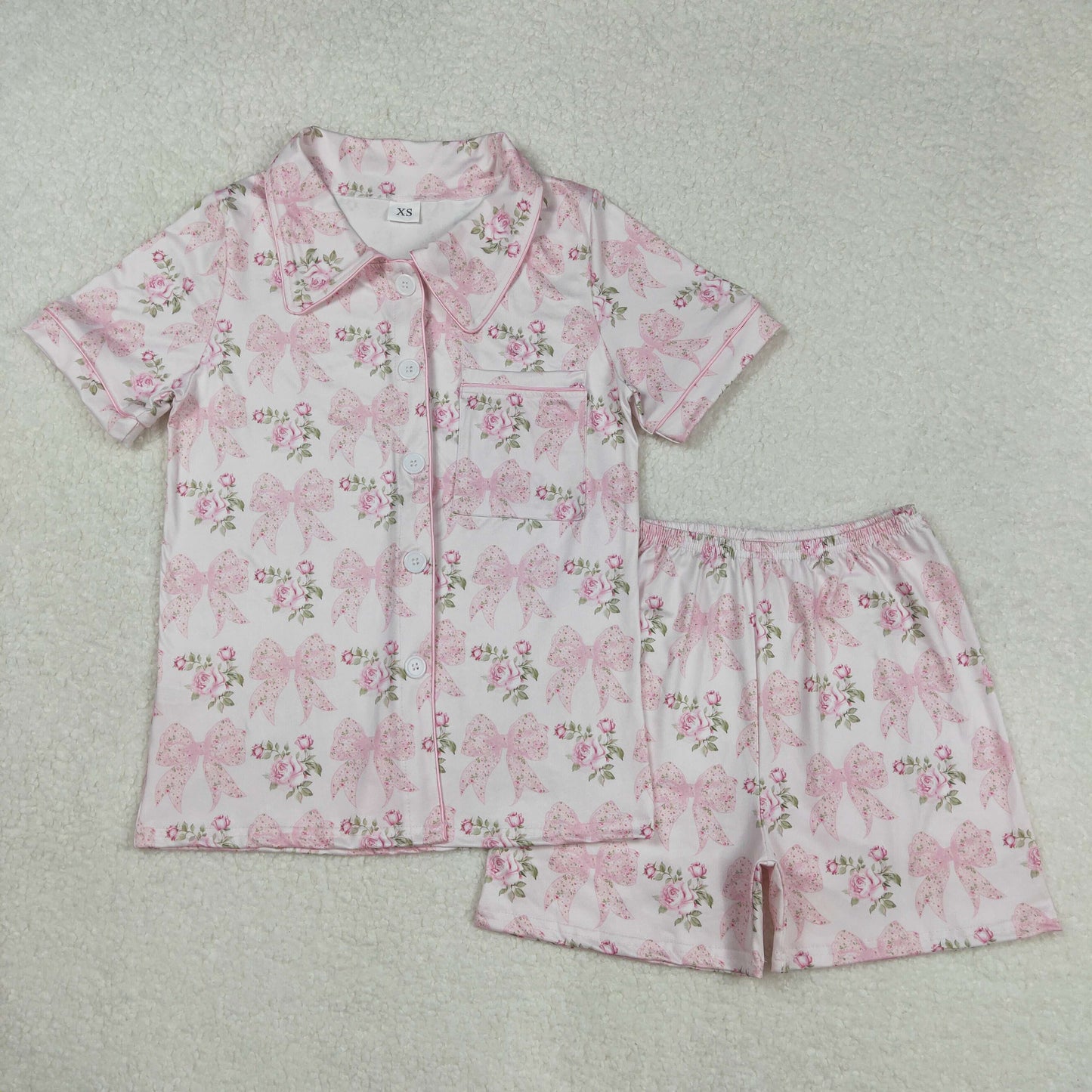 GSSO1779 Adult Flowers Bows Pink Print Woman Summer Buttons Pajamas Clothes Set