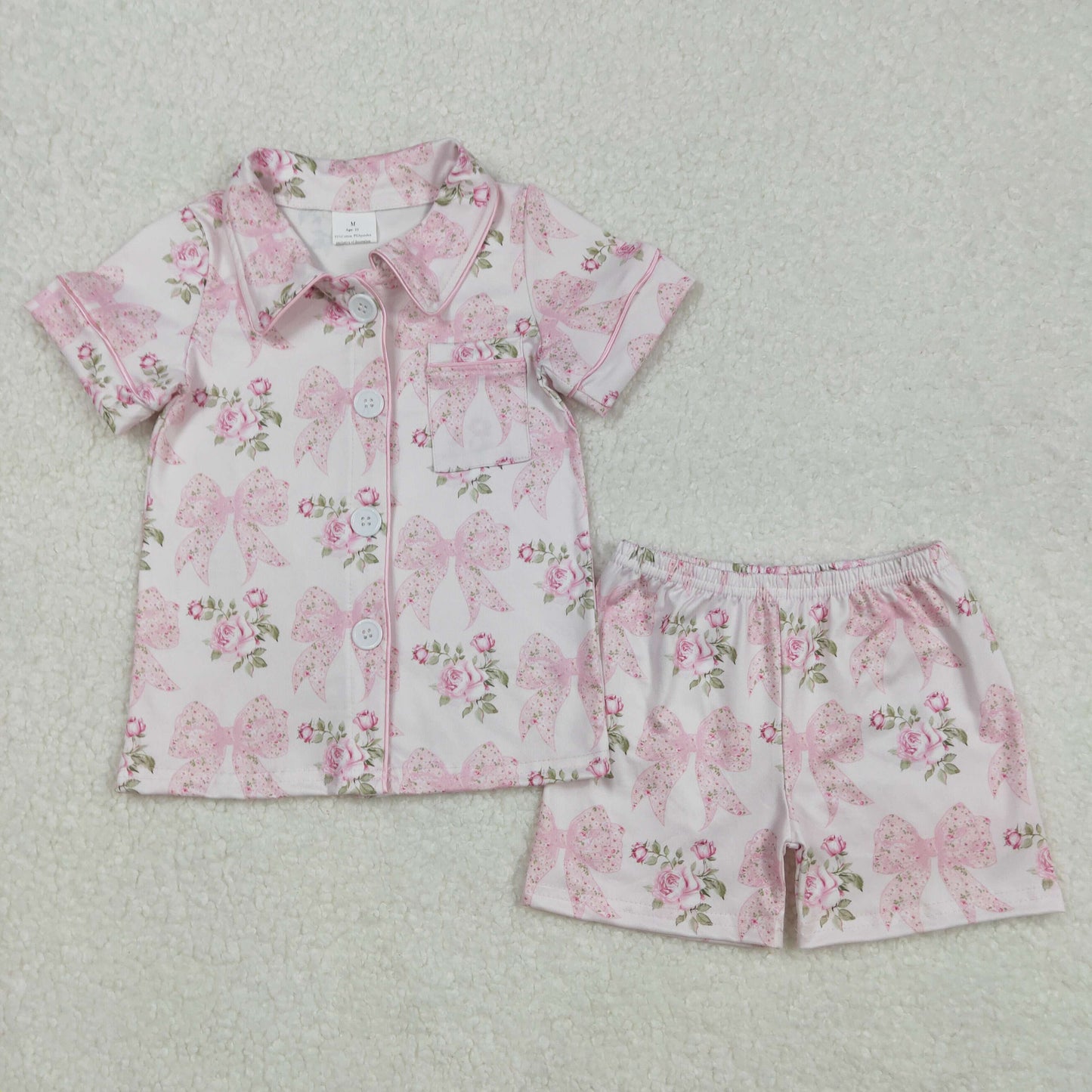 GSSO1780 Flowers Bows Pink Print Girls Summer Buttons Pajamas Clothes Set