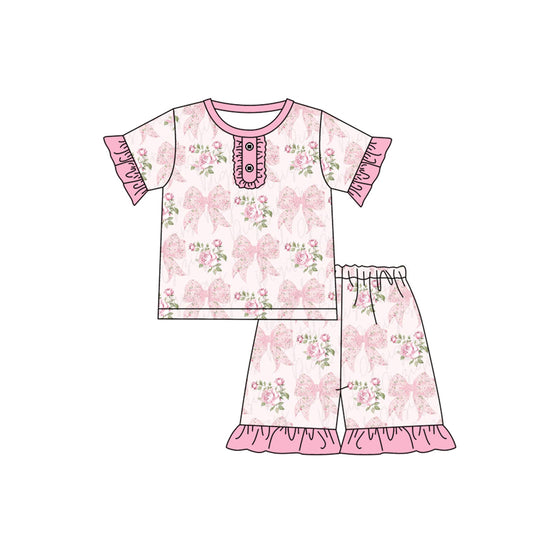 (Pre-order)GSSO1781 Flowers Bows Pink Print Gilrs Summer Pajamas Clothes Set